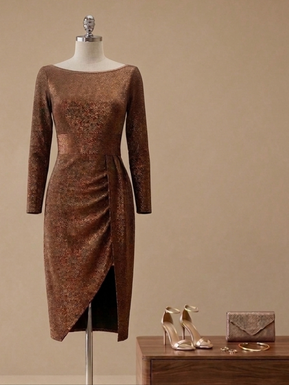 ShopExile Metallic Copper Party High Slit Glitter Faux Wrap Sheath Dress